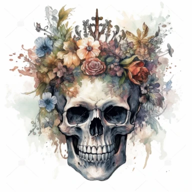 Create a clipart image of a human skull adorned with a magnificent floral crown, inspired by the watercolor style of Enki Bilal. The crown should feature a diverse array of intricate flowers, each unique in color and form, symbolizing the triumph of life over death. The composition should be set against a white background, allowing the vibrant colors and rich details of the floral arrangement to stand out. include roses, leaves and dead twigs