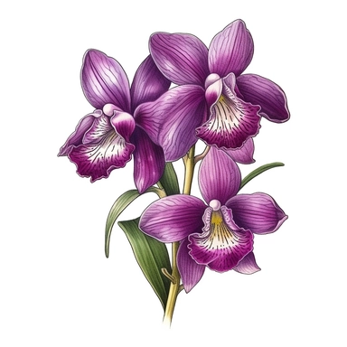 Visualize an intricately hand-drawn orchid clipart. This botanical illustration features a striking, elegant orchid, known for its exotic beauty and grace. The petals are meticulously drawn in a vivid purple tone, capturing the unique, symmetrical form that makes the orchid an emblem of refinement and sophistication. The central column of the orchid, a characteristic feature of the flower, is carefully detailed to highlight its unique anatomy. Supporting this blooming spectacle is a slender, arc