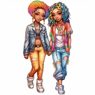 full body clipart of African American modern lesbian couple wearing rainbow clothes in Jasmine Becket-Griffith style, logo style, soft colors, clean edges, refined edges, stunning, captivating, contour, isolated white background