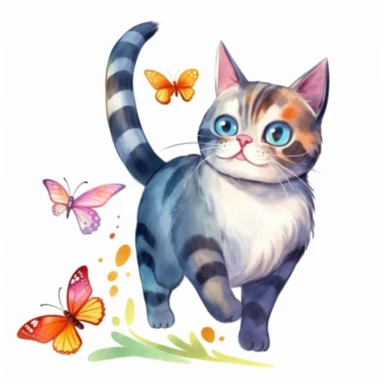 Playful watercolor clipart of a cute cat chasing a butterfly, capturing the playful and fun side of pets, with vibrant colors and soft details, perfect for a t-shirt design, delightful and charming, high-quality illustration, hand-painted with love, a great addition to any project.
