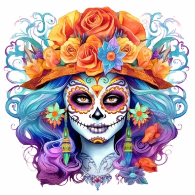 Day of the dead la catrina in the style of water color painting, vibrant colors, on a white background style by Lucy Fleming, watercolor, smooth gradients, black contour outline, ultra detailed, clipart elements, delicate pastel colors, solid white background, super clear, high quality