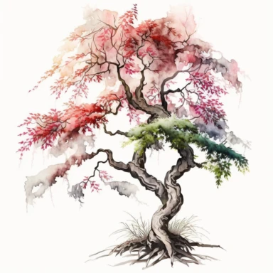 Watercolor, Japanese Maple Tree, old, long branches, Clipart, springtime japanese tree, grass, white background