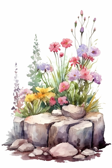 watercolor clipart of a gorgeous flower garden bed with rocks, colored pencil drawing, good composition, vector, contour, isolated white background, 16k