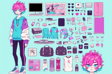 a boy who has magenta hair and aqua hanging eyes and thick eyebrows that is standing in front of a bunch of stuff, trending on deviantart, character sheet, ☕️ ? ?, embrace porcelain doll,everything fits on the screen,highly detailed object content, secret,knolling, clipart icon,anime, gadget and cosmetics