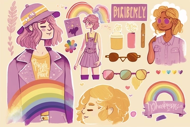 lgbt pride clipart, lgbt women, rainbow, rainbows, rainbows, in the style of light violet and light amber, hand-painted details, primitivist elements, bold gestures, light yellow and light pink, culturally diverse elements, use of precious materials