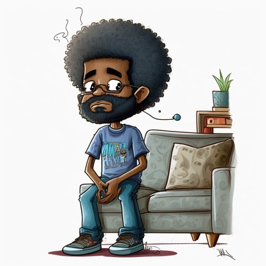 Draymon seated in living room, living room with gray sofa set and tv, Draymon, 40 year old black man, illustration for children's book, 40 years old, curly black and gray faded flat top afro, large eyes, wearing blue jeans, blue shirt, brown shoes, full beard, full lips, Watercolor Clipart, strybk, full Illustration, 4k, sharp focus, rich color, watercolor, smooth soft skin, symmetrical, soft lighting, detailed face, watercolor style, strybk, Octane rendering, 3d. Perfect face, detailed face, de