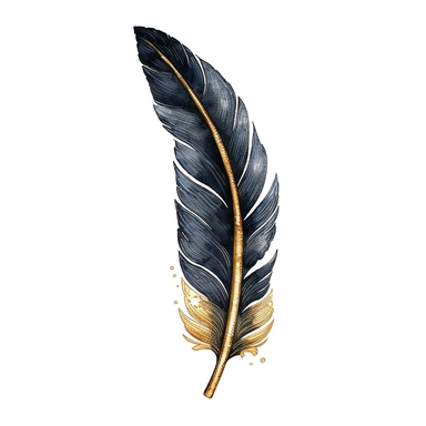 watercolor black feather with gold metalic detailing clip art