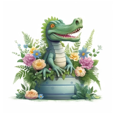Capture a charming commercial moment with a beautifully detailed, ultra-realistic illustration of a lovable [great crocodrile green with his big tail] looking over a pot of nice flowers, backgroundof a nice and floral farm, creating an endearing scene ideal for nursery-style clipart and baby room décor. Isolated on a clean white background, this highly-detailed, award-winning artwork