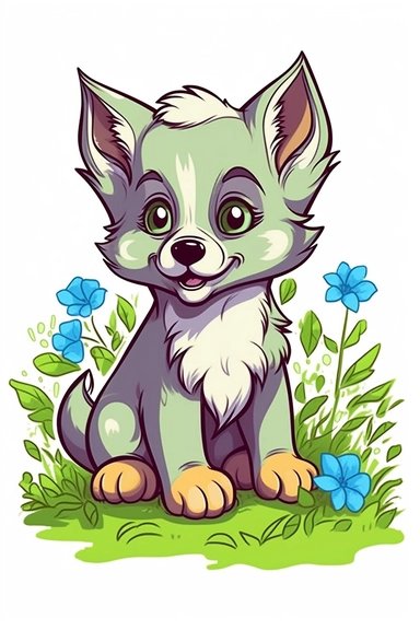 Cute and baby animal wolf, vector color, art coloring page, meadow with flowers and green leaves, walt disney style, 4k, high quality, detailed, clipart, smile,with a black outline , cartoon illustration in vector, high vector style contrast, happy cartoon, children's book illustration,
