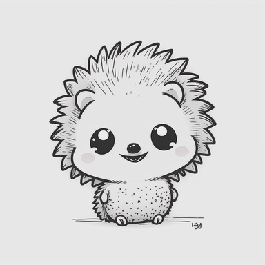 Smiling baby hedgehog anime style white background , thick outline , Create a sketch of a black and white  Cute and adorable cartoon it , fantasy, dreamlike, surrealism, super cute, trending on artstation design, in a minimal and lineal style. The tattoo 