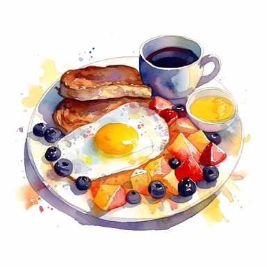 big breakfast clip art, high quality, watercolour, hand drawn, super realisitc, very sharp and in focus, white background, breakfast on a plate