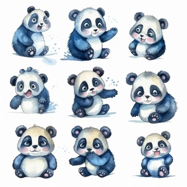 Watercolor cute little panda, Various expressions and emotions, clipart, isolated on white background