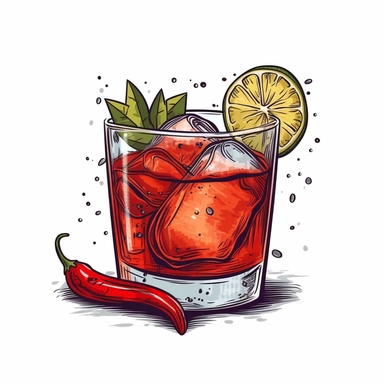 white background on the foreground is a rocks glass with ice and a spicy skinny margarita with a lime, slice wedge on the rim of the glass outside leaning against the rocks glass is a red chili pepper, in the style of clipart, simple sketch style