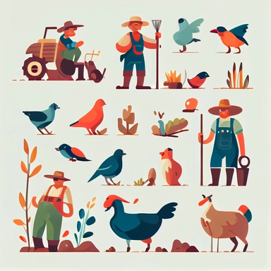 Cartoon farmers planting and care animals. Rural farmer working, gardener and agriculture person. Countryside, harvest season kicky vector clipart