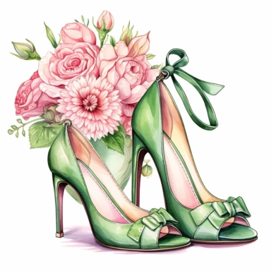 watercolor clipart of vintage green and pink two high-heeled shoes and a small handbag, floral, color pencil drawing, nice composition, vector, outline, isolated white background, 16k
