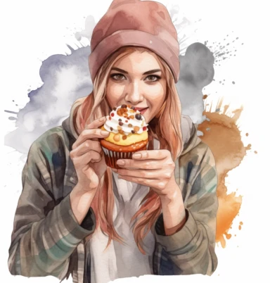 watercolor clipart white backgrond a woman eating a cupcake, in the style of nikon d850, hispanicore, outdoor scenes, brown, joyful and optimistic, batik, 32k uhd