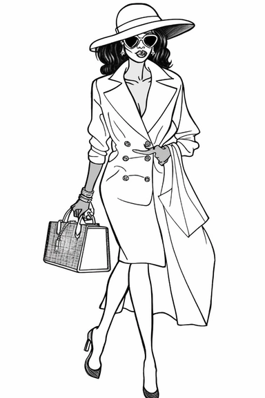 coloring pages for adults, clean lines, beautiful african american women, clipart, fashion, full body, hat, purse, heels, pants, jacket, shirt, handbag, boss