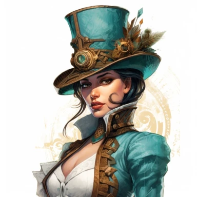 Solid white background. Waist-up illustration of a determined steampunk woman, her intense gaze and resolute smile reflecting her strong determination. Her alabaster skin and deep teal hair beautifully contrast her attire in shades of bronze and aquamarine, a testament to Victorian elegance and steampunk aesthetics. Instead of a hat, she wears a sleek headband adorned with industrial motifs. The background lacks any steampunk elements. Pastel clipart, hyper-realistic, retro-futurism, solid white