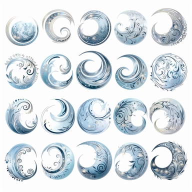 beautiful moon symbols in white, pale blue and silver, white background, vector-style, clipart collection