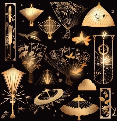 chinese lanterns set of gold vector cliparts, in the style of mystical and dreamy, japanese prints, onii kei, timeless artistry, dark gold, anime aesthetic, the stars art group (xing xing)