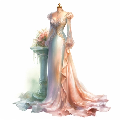 A victorian elegant gown with a form-fitting bodice long sleeves and intricate beading stands on tailor dummy clipart, vibrant edges, soft pastel colors, in the style of realistic watercolors, in style of Willem Haenraets, feminine sensibilities, realistic depictions of human form, detailed illustrations, made of all of the above, clean background, white background, on a white background, transparent background
