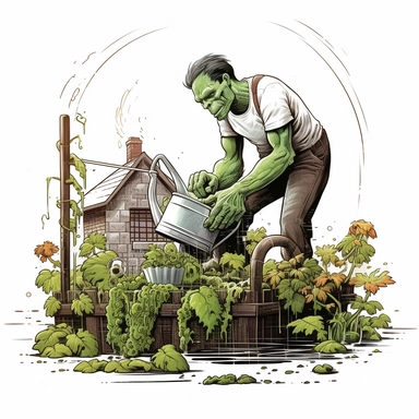 clipart of Frankenstein's monster gardening in the backyard with a white background