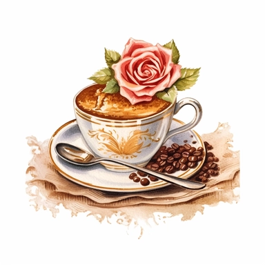 vintage hot cappuccino plan heart, little cake and chocolate sticks,one rose digital clipart on white background