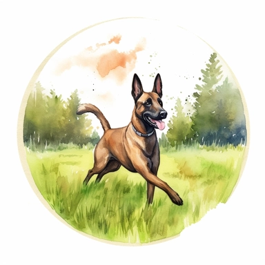 Energetic Belgian Malinois chasing a flying disc in a lush green meadow, with its tail wagging and a playful grin, white background, watercolor clipart.