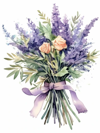 lavenders bouquet, muted tones, beautiful painted watercolor clipart bouquet of lavenders, with ribbons, perfect color coordinated harmony. vintage spirit, painted by Beatrix Potter, most intricate delicate details, beautiful artwork, on white background, spaced out