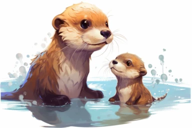 Create a heartwarming anime-style vector clipart of a baby otter learning to swim under the watchful eye of its parent, with a sense of curiosity and excitement. Viewed from an endearing perspective, HD, spaced out, on white background