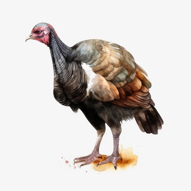 watercolor, Turkeys: Turkeys are kept for their meat and are found in many countries, particularly in the United States, Mexico, and Brazil. png Full body realistic cartoon in 32K UHD cute. 15 cm thick outline. Black color. There was no shadow on the ground. 8K with realistic watercolors and detailed illustrations. PNG clipart, transparent white background
