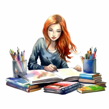 watercolor style, teenage girl learning at the perfectly organized desk, realistic, clipart, isolated on white background, 4K