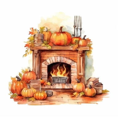 cozy autumn fireplace with a crackling fire clipart, detailed, hd, watercolour, white background, spread out