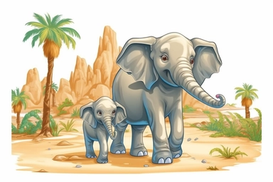 cute baby elephant walking through the dessert with its sibling Clipart, On White Background, Spaced out, Vector Graphic,
