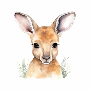 a sweet baby kangaroo with kind eyes clipart with watercolor illustration,full body shot,8k,etsy style, white background