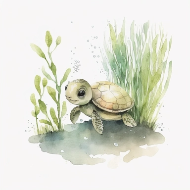 watercolor and pencil drawing of an an anthropomorphic baby turtle playing with tadpoles, ​happy, gentle smile, beautiful watercolor ink wash coloring, thick pencil lines, Jon klassen, beatrix potter, popular on etsy, watercolor illustrations clipart, watercolor illlustrations for kids and children, plain white background