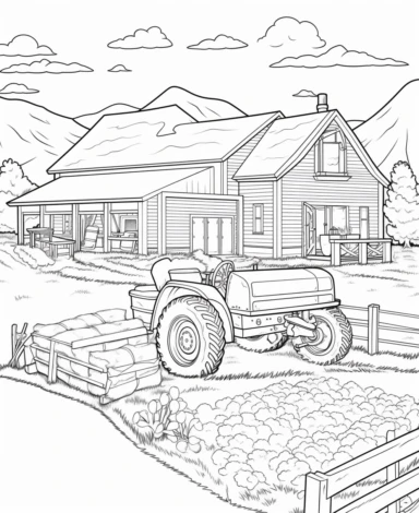 Create a coloring page featuring farm vehicles like tractors, combines, and trucks. Add details like hay or produce being transported coloring page with Farming background design as an outline art drawing with thick bold clear lines that are neatly joined up together, outline, clipart, no colors, no shadows, no details, HD
