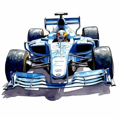 Clipart of the formula one car from Valtteri Botas with minimal details, aquarel colored cartoon style with thick borders. Only the car. White background, no floor, no shadow