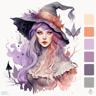 Clipart, beautifull witch in a watercolor, in the style of artgerm, soft and dreamy tones of pastel colors, detailed costumes and fashion, sheet film, uhd image, free brushwork, transparent/translucent medium, Nita Engle, Anne Kullberg, Yee Chong, Larissa Ria Loomans, charming character illustrations, white solid background