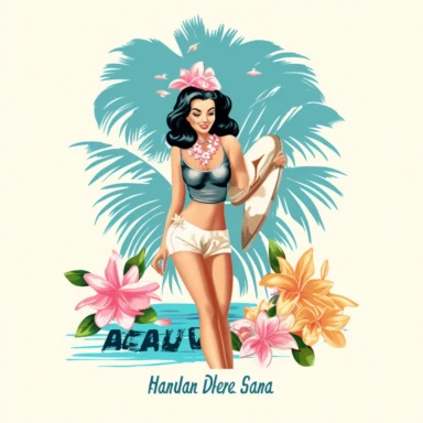 hawaiian girl on beach, retro cartoon drawing clipart, Hawaii PNG ,Maui Png ,Waikiki svg, Vintage Travel png, Tropical Sublimation, Preppy png, Coconut Girl svg, Trendy svg, Hibiscus SVG Tumblr, white background, mockup no shadow