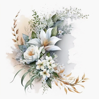 clipart aquarelle, detailed ans realistic, white background. beautiful flower tribute in white color, white theme, Bouquet for funeral, loss, sorry, with additions like sash ribbon