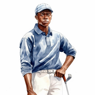 Idyllic watercolor clipart of a young modern African american male golfer in close fitting blue and white sports golf clothes standing with his putting club on the putting green, isolated on a pure white background, insane detail,
