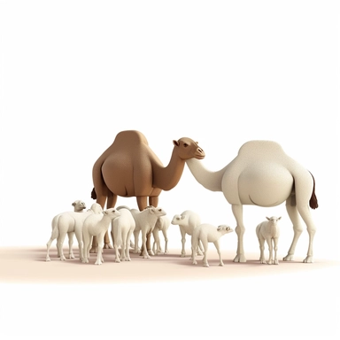 Cattle and Camels at Eid al Adha, 3D ， White background ， Clip Art Style ，