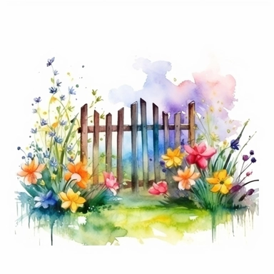 clipart, isolated on white background, Watercolor Spring beautiful ornated fence fulls of the colorful flowers and grass and plants and branches and tree, ornated, vivid and vibrant and saturated colors