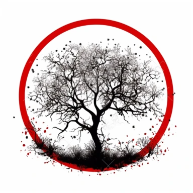 clipart, black outline of a tree, seperant and one red apple, all in a circle, white background