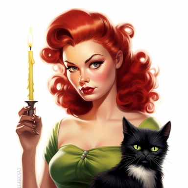 beautiful pretty pin up woman with red hair and green eyes, makeup and hair 50's style, dressed as a witch,with a black cat , a candle and creepy stuff 50's style, paint art style, detail, clipart, white background, superrealistic, one of a kind