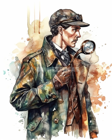 steampunk sherlock holmes looking at evidence through a magnifying glass, no watermark,watercolor clipart on white background