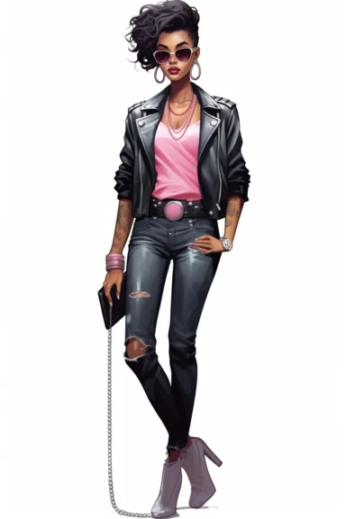 Illustration detailed clip art illustration on a white background, pose full-length model black woman Musier Paris Kelsey biker jeans jacket and chocker with body jewelry, long thick braided hair, cute nose, makeup, lips fashion pink, elegant classy, shiny colors, hyper details sticker art, elegant, modeling,