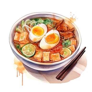 Soto (Indonesian Soup) logo watercolor,simple Watercolor, hyper realistic, white background, white margins, 16k, ultra detailed clipart, cut out image, hand - drawn, whimsical manhwa style, ultra HD, sharp and clean art