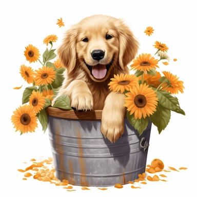 happy golden retriever puppy in a bucket full of flowers, on a dog bed, digital painting and drawing, clipart, full body, hyper - realistic animal illustration, childlike, free brushwork, white background